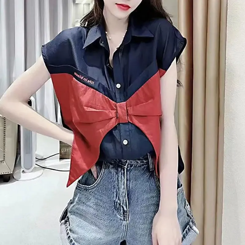 2023 Summer Fashion Bow Patchwork Shirt Female Clothing Casual Turn-down Collar Commute Single-breasted Korean Sleeveless Blouse