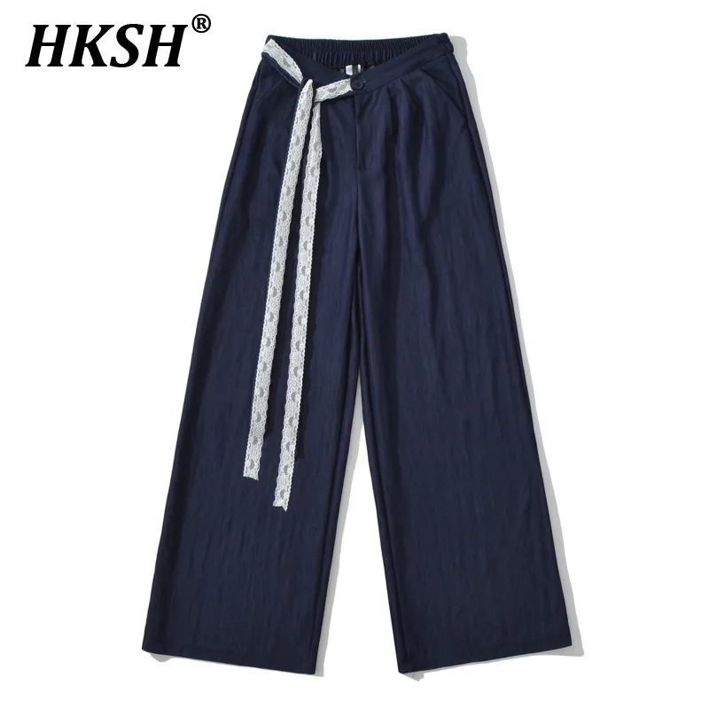

HKSH Spring Summer New Women's Chic Streetwear Casual Lace Sashes Patchwork Versatile Full Length Straight Wide Leg Pants HK5840