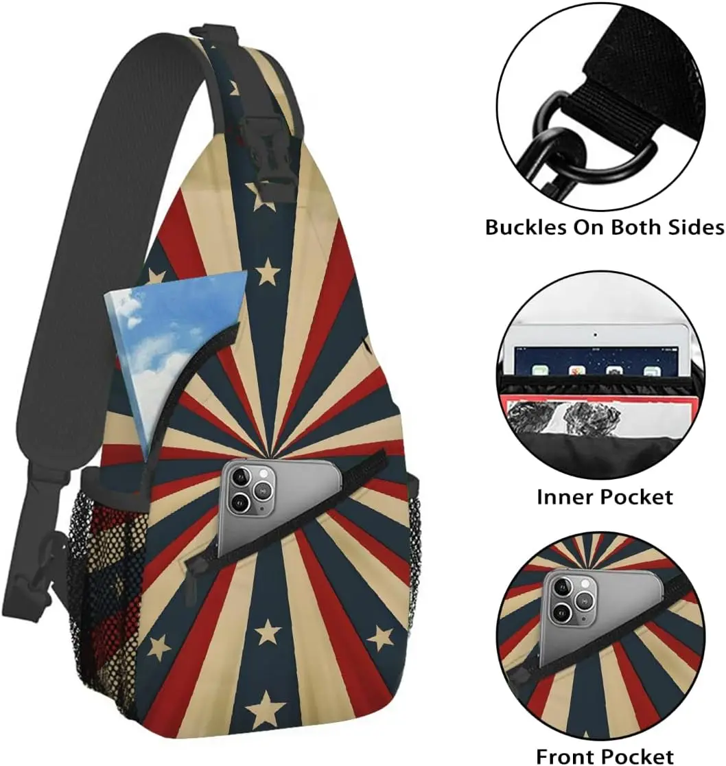 Patriotic Starburst Print Sling Bag Retro USA Flag Pattern Crossbody Chest Bag Lightweight Adjustable Shoulder Bag Daily Use