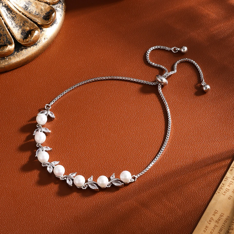 ZAKOL Classic Fashion Leaf Design Imitation Pearl Women's Zircon Bracelet Exquisite Versatile Charm Wedding Jewelry Accessories