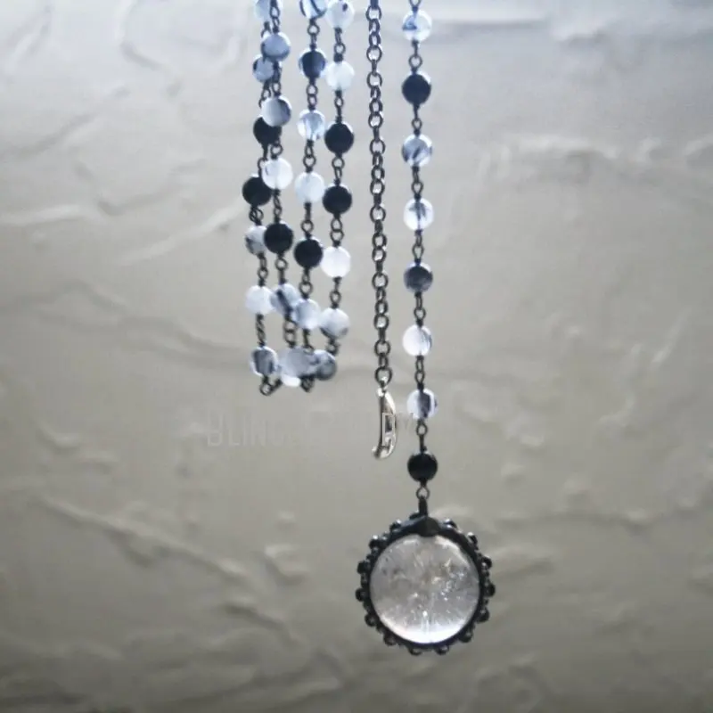 NM43234 Quartz Crystal Ball Lariat Necklace Tourmalinated  And  Sphere Statement Layering  Halloween