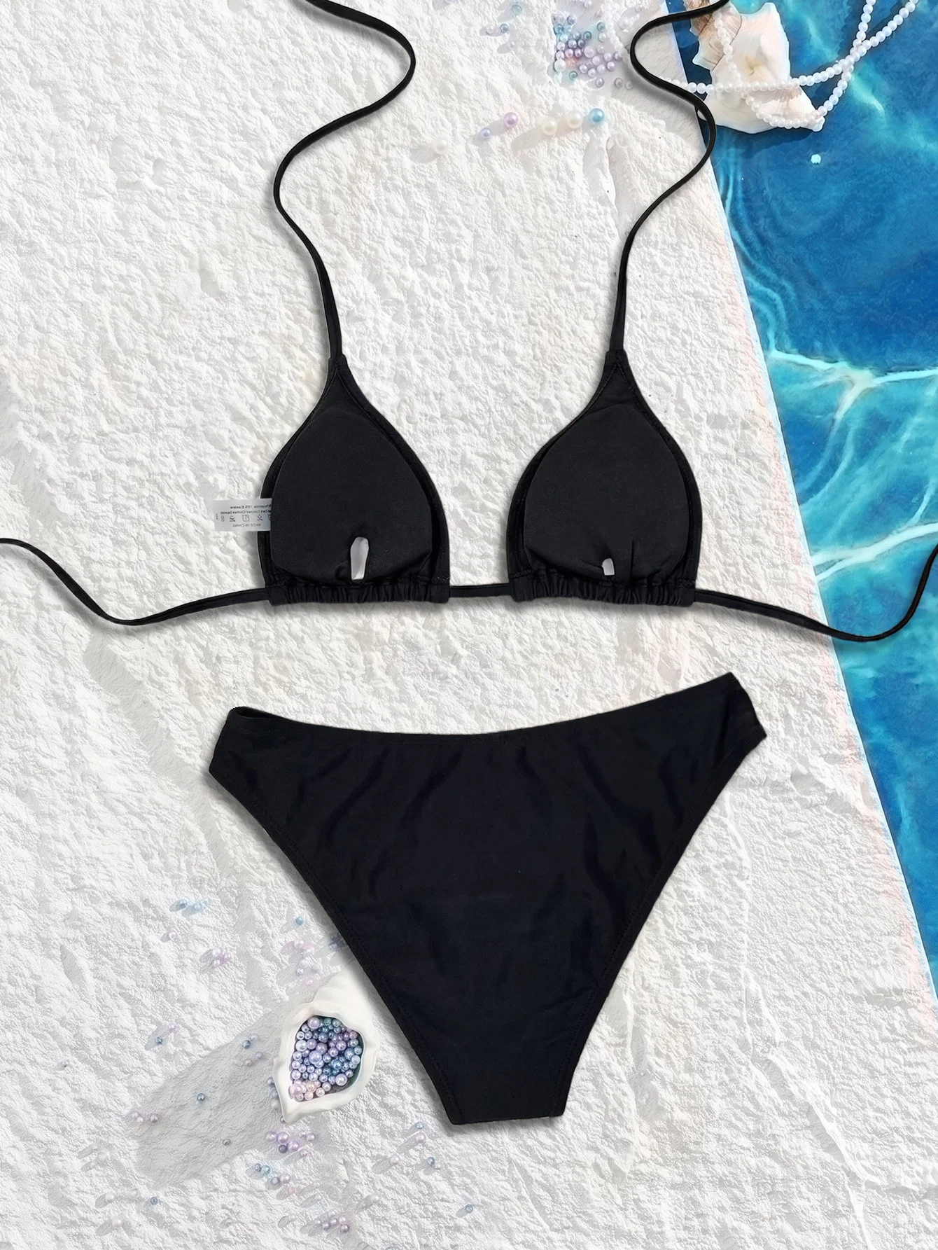 Bikini Women Swimsuit Halter Triangle Bra Cup Backless Biquini Swimwear Beach Vacation Bathing Suit 2 Pieces Black Bikini Set