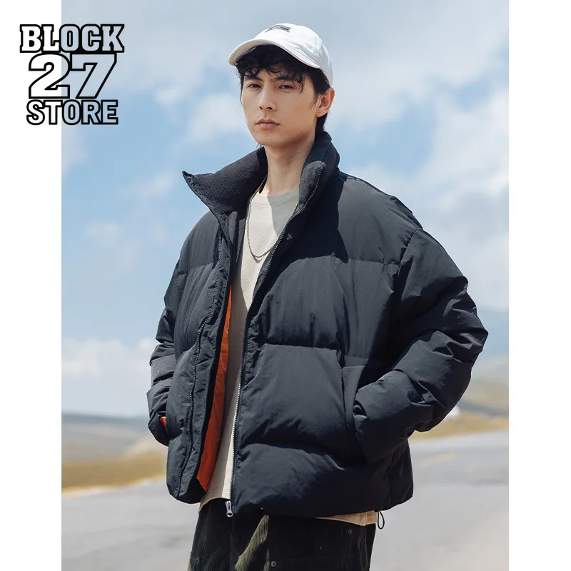 

Harajuku Fleece Stand Collar Down Jacket Men Winter New Thickened Puffer Coat Windproof Bread Coat Spliced Design Streetwear New