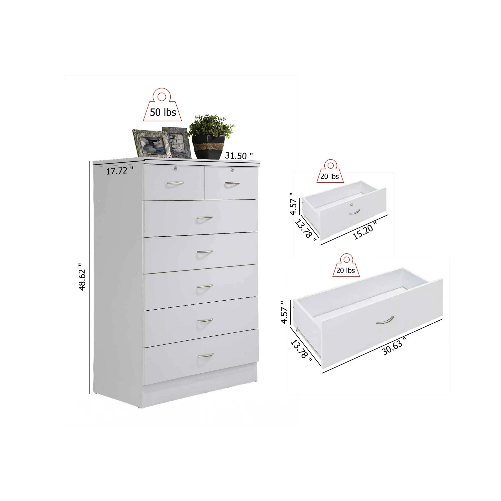 Wood 7 Drawer Storage Horizontal Dresser with Two Locks,Ring Pull Handles,Metal Rails, Mahogany/White