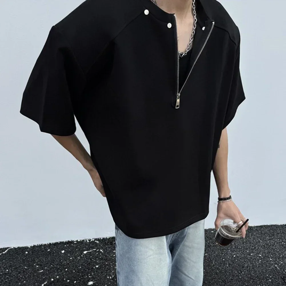 

Модный винтажный топ с коротким рукавом, свободная мужская футболка с половиной молнии, повседневная одежда без воротника, повседневная одежда для отдыха