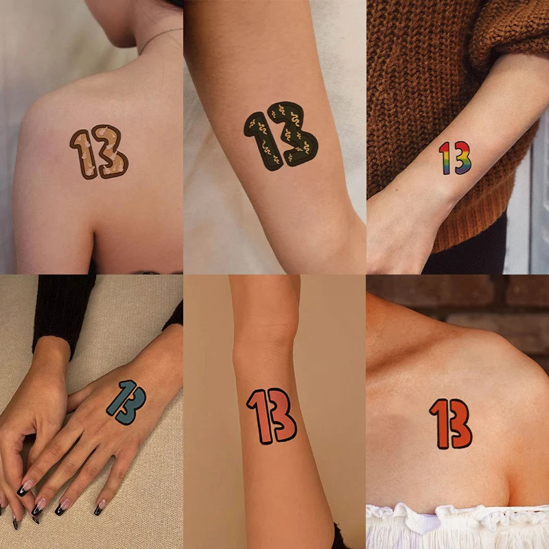 Tatuaje adhesivo número 13, tatuaje falso duradero para mujer, hombre, arte de concierto, tatuaje temporal, Tatuajes de letras de imitación, Tatuajes impermeables