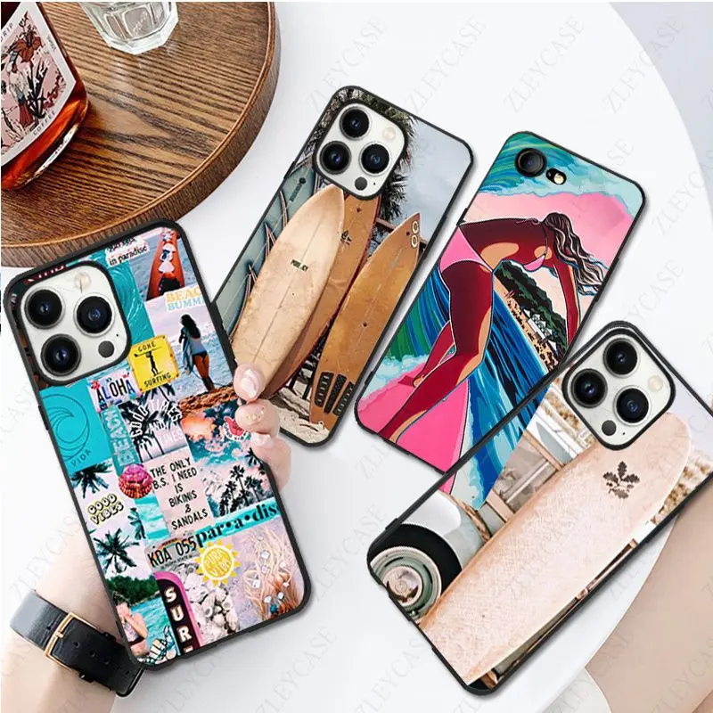 Summer beach surfboard surfing cover For iphone 16PRO 15pro 14pro 11pro 12PRO 13pro xs max 7 SE XR 12mini 13mini case coque