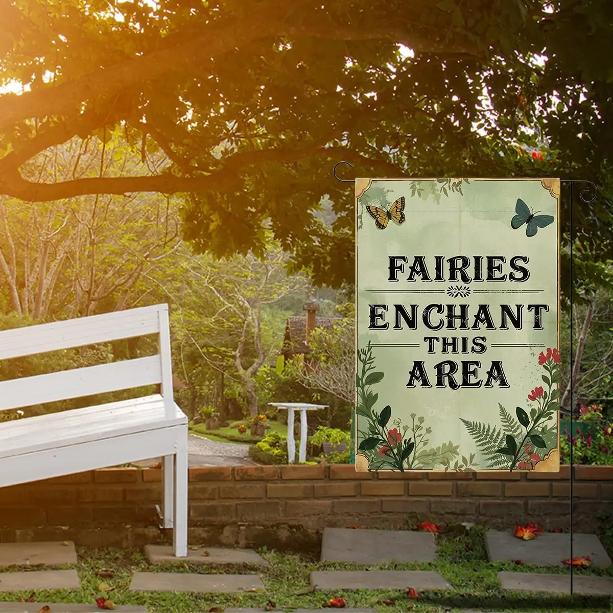Fairies Enchant This Area Fairy Garden Flag Whimsical Yard Flag for Porch Patio Lawn Outdoors Enchanted Forest Decorations llp