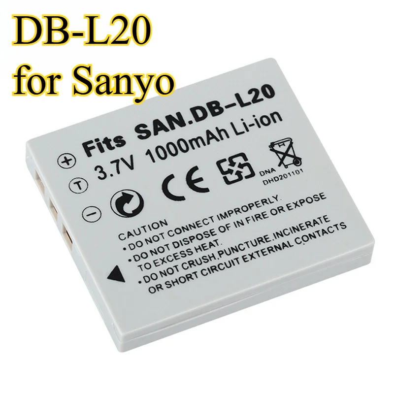 

Сменный аккумулятор DB-L20, 1000 мАч для цифровых фотоаппаратов Sanyo DMC-C1/CA65/E60/CG6/CA6/DMX-CA8/CG9, литий-ионный аккумулятор большой емкости