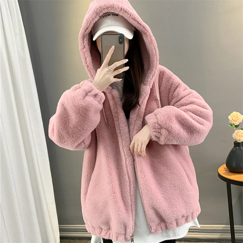 Fashion Winter Women's Imitation Rabbit Hair Fur Coat Short Faux Fur Overcoat Thicken Warm Top Large-size Loose Hooded Outerwear