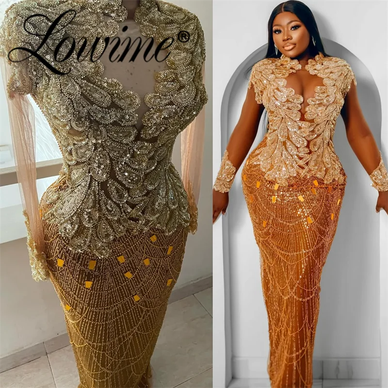 2025 Aso Ebi Plus Size Gold Illusion Sheath Prom Dresses Special Occasions Florals Sequined Evening Party Gowns Dress Customized