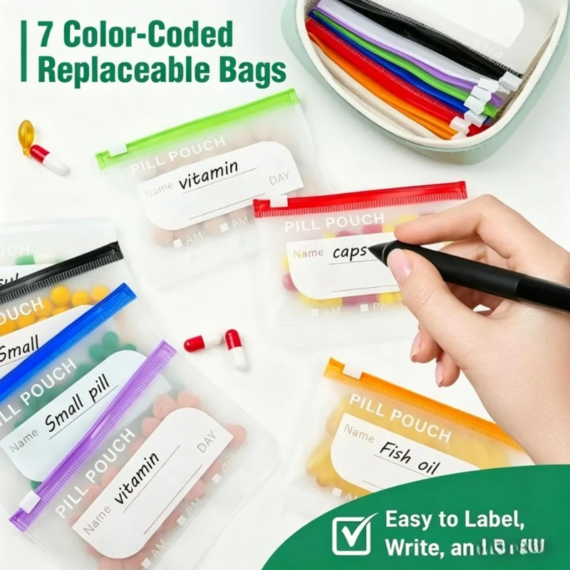 Travel Storage Bag Set, 10 Frosted Sorting Bags with Writable Day Labels and Top Closure for Small Daily Item Storage Y5GB