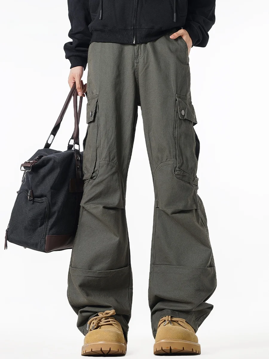

Khaki een Folded Paratrooper Workwear Pants Men's Autumn American High Street Retro Waed Multi ket Casual Flared Long ...