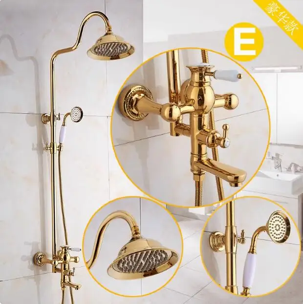 Vidric Bathroom Rain Shower Set Luxury Gold Brass Wall Mounted Bath Shower Rainfall Faucets with Hand Shower Kits Set ELS2008