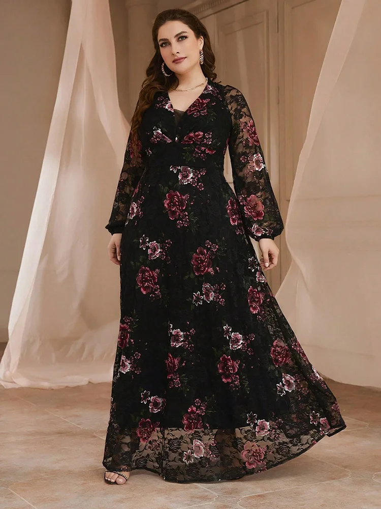 TOLEEN 2024 New Plus Size  Luxury Elegant Party Evening Dress Spring Summer Lace Mesh Floral Print Lantern Sleeve Women Clothing