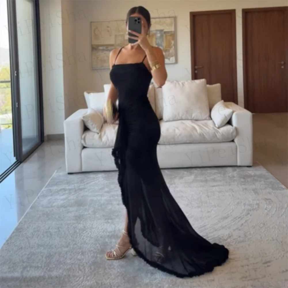 

Customized Black Mermaid Prom Dresses Floor-Length Spaghetti Strap Sleeveless Evening Gown Fashion Backless Draped Party Gown