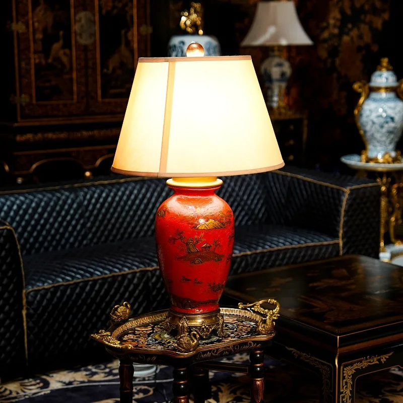 

YS68 French Chinese style, table lamp antique red cloth, cracked bottom painted gold, landscape pattern decoration