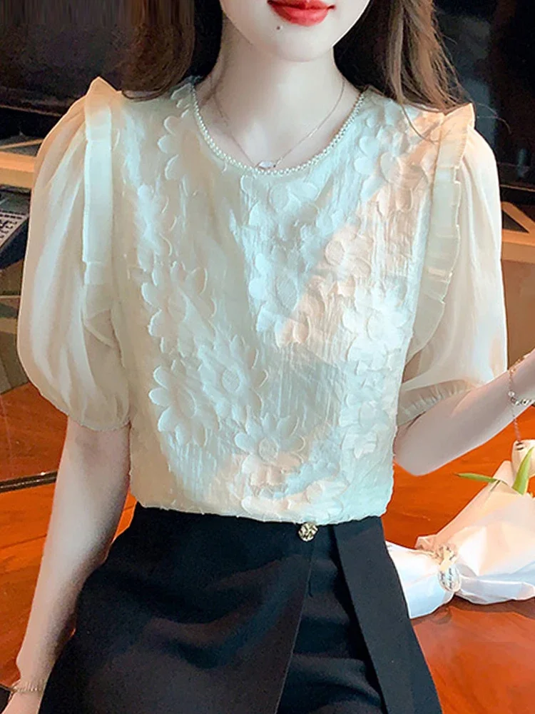 Summer Short Sleeve Blouse Women O-Neck Apricot Chiffon Blouse Shirt Women Tops Blusas Mujer De Moda 2024 Verano Blouses G528