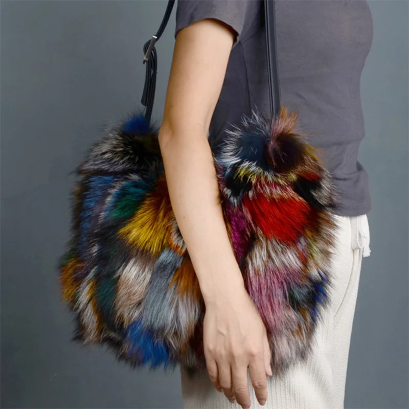 Fashion Korean Women\'s Shoulder Bag Luxury Colorful Fox Fur Large Capacity Underarm Bag Casual Fluffy Real Fur Handbag 2023 New