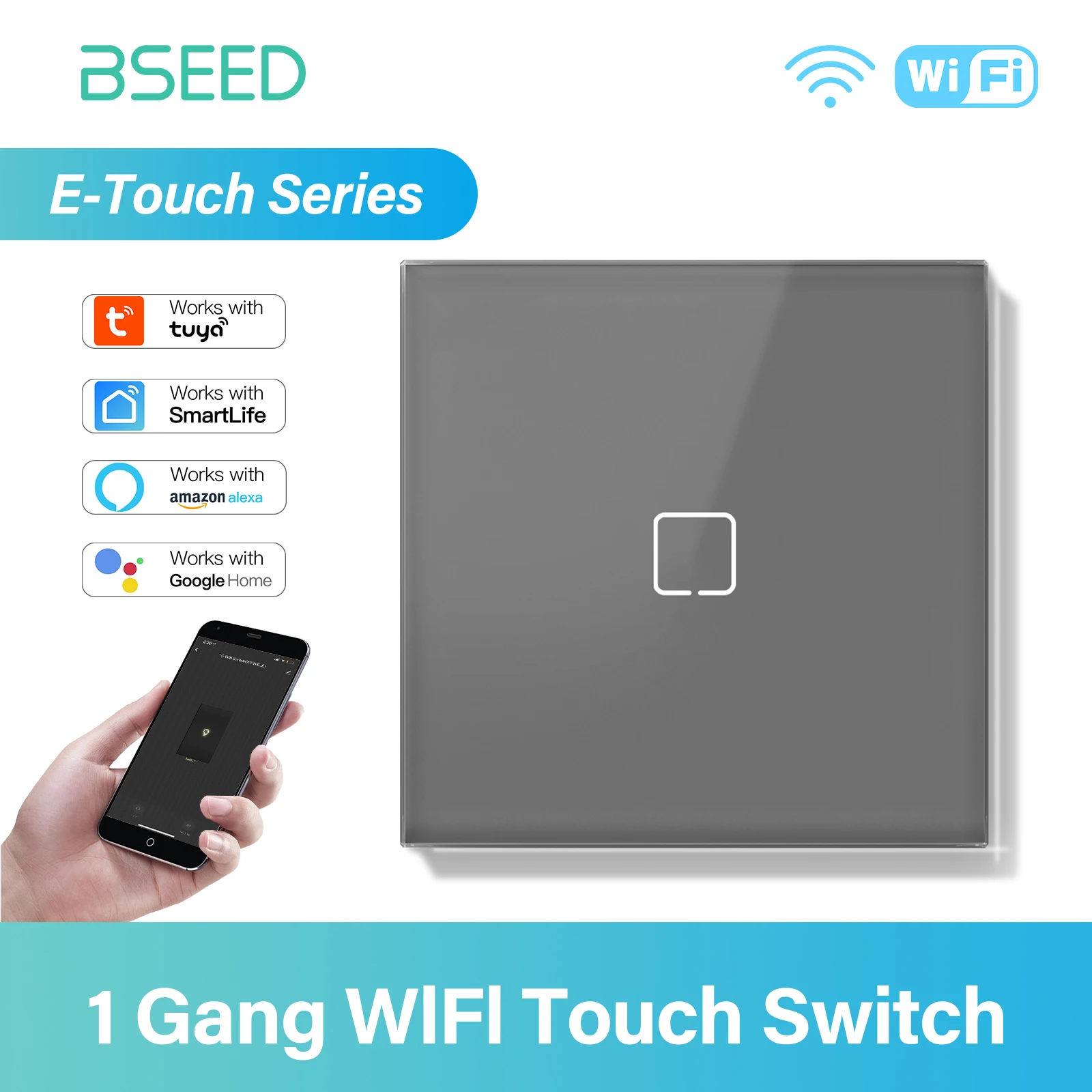 BSEED E-Serie WLAN 1-fach 1/2/3-Wege Touch-Schalter Wandschalter für Treppen Tuya Smart Life Alexa App-Steuerung Hintergrundbeleuchtung 10A Graues Glaspanel