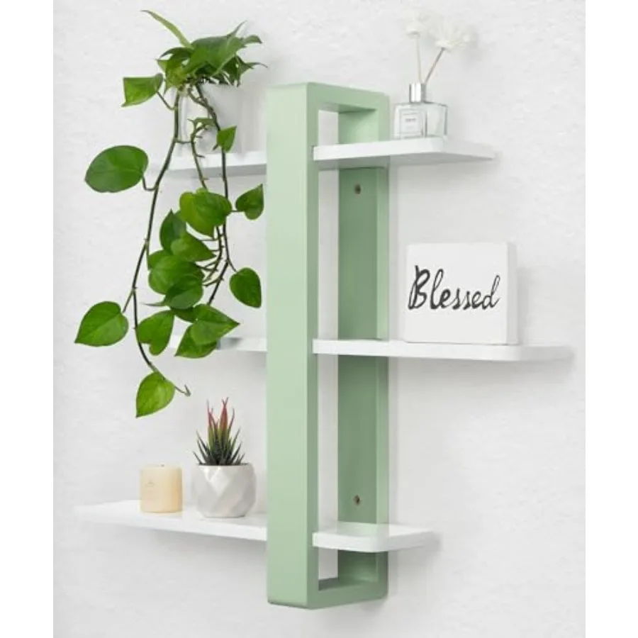 

Green Floating Shelves for Wall Mounted Shelving Unit All Pine Wood 3 Tier Large Shelf for Bedroom Living Room Office Bathroom