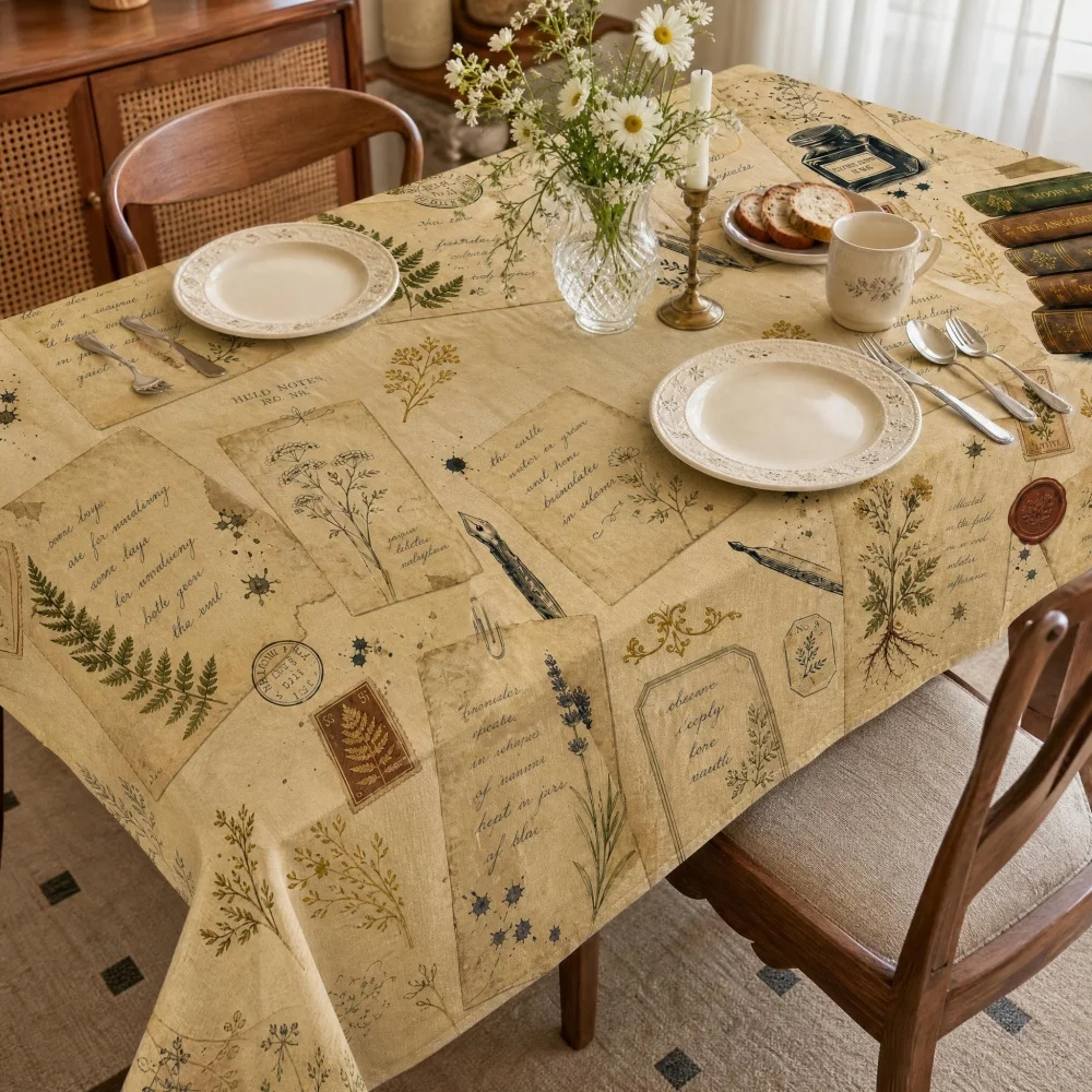 Vintage Old Manuscript Letter Botanical Collage Rectangle Tablecloth Farmhouse Decorative Table Cover for Dining Home Decor