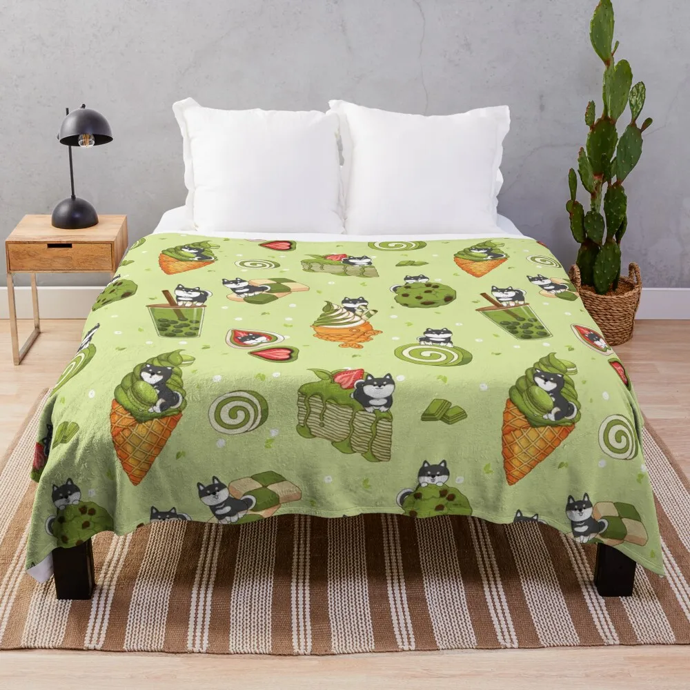 Black Shiba Inu with Japanese desserts - Green Throw Blanket warm for winter Luxury Throw Kid'S Travel Blankets