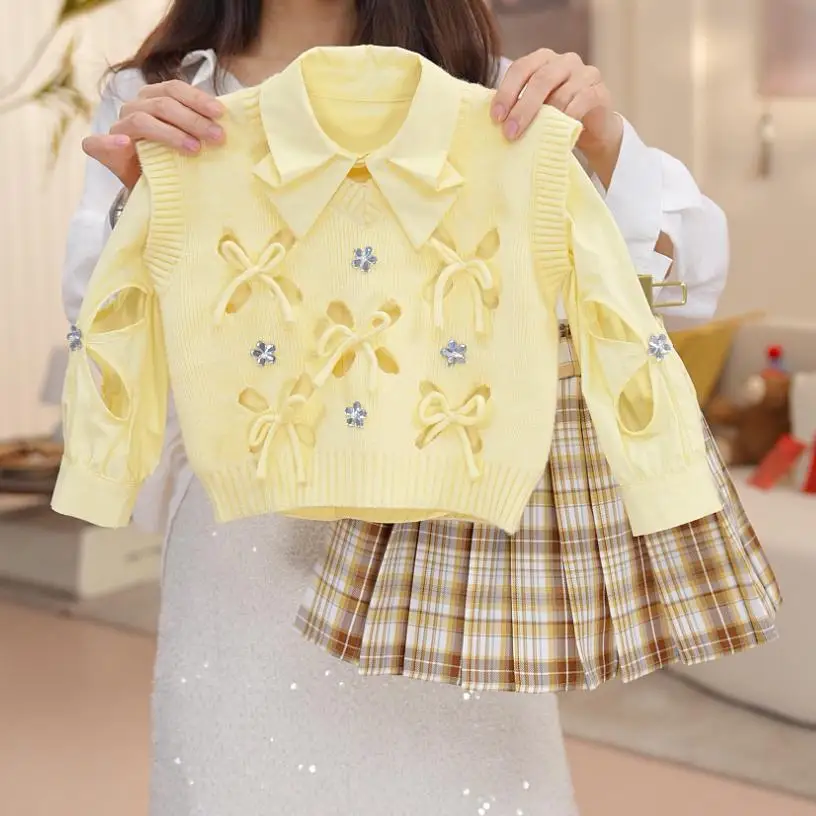 

new autumn spring girl clothes 3pc/set sweater vest shirt plaid skirt children baby kids student fashion 90-150 3-8year fashion