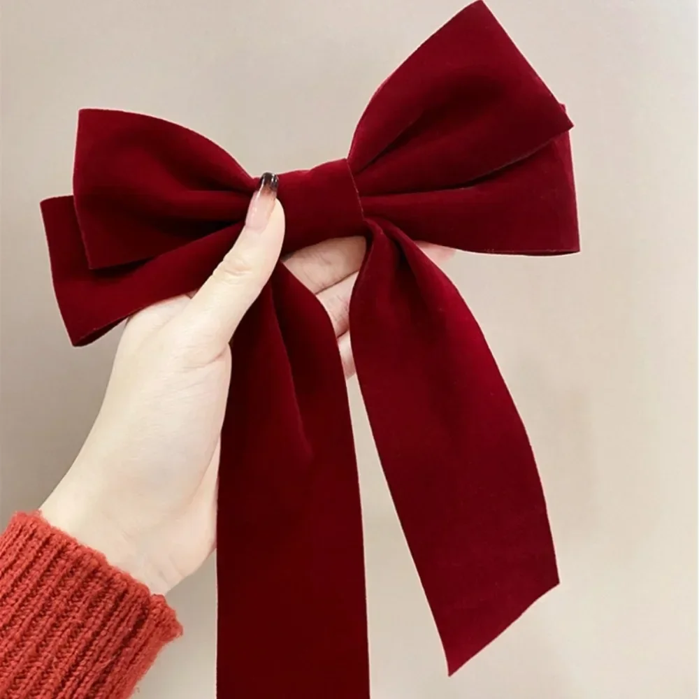 Girls Black Red Big Velvet Bow Hair Clip for Women Vintage Wedding Long Ribbon Korean Hair Pin Barrette Fashion Hair Accessories