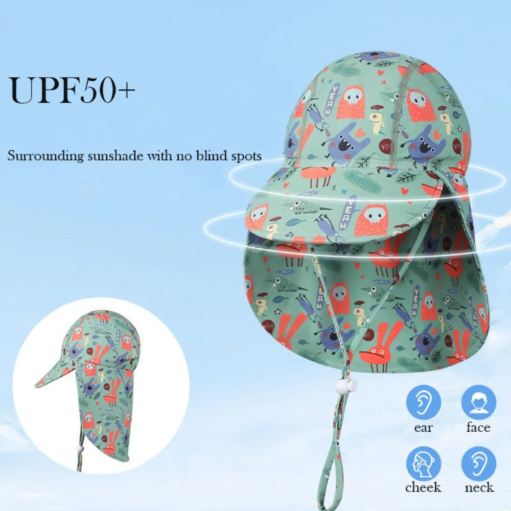 Cartoon Pattern Printing Summer Baby Bucket Hat Widen Breathable Kids UV Protection Cap Big Brim with Neck Ear Covers