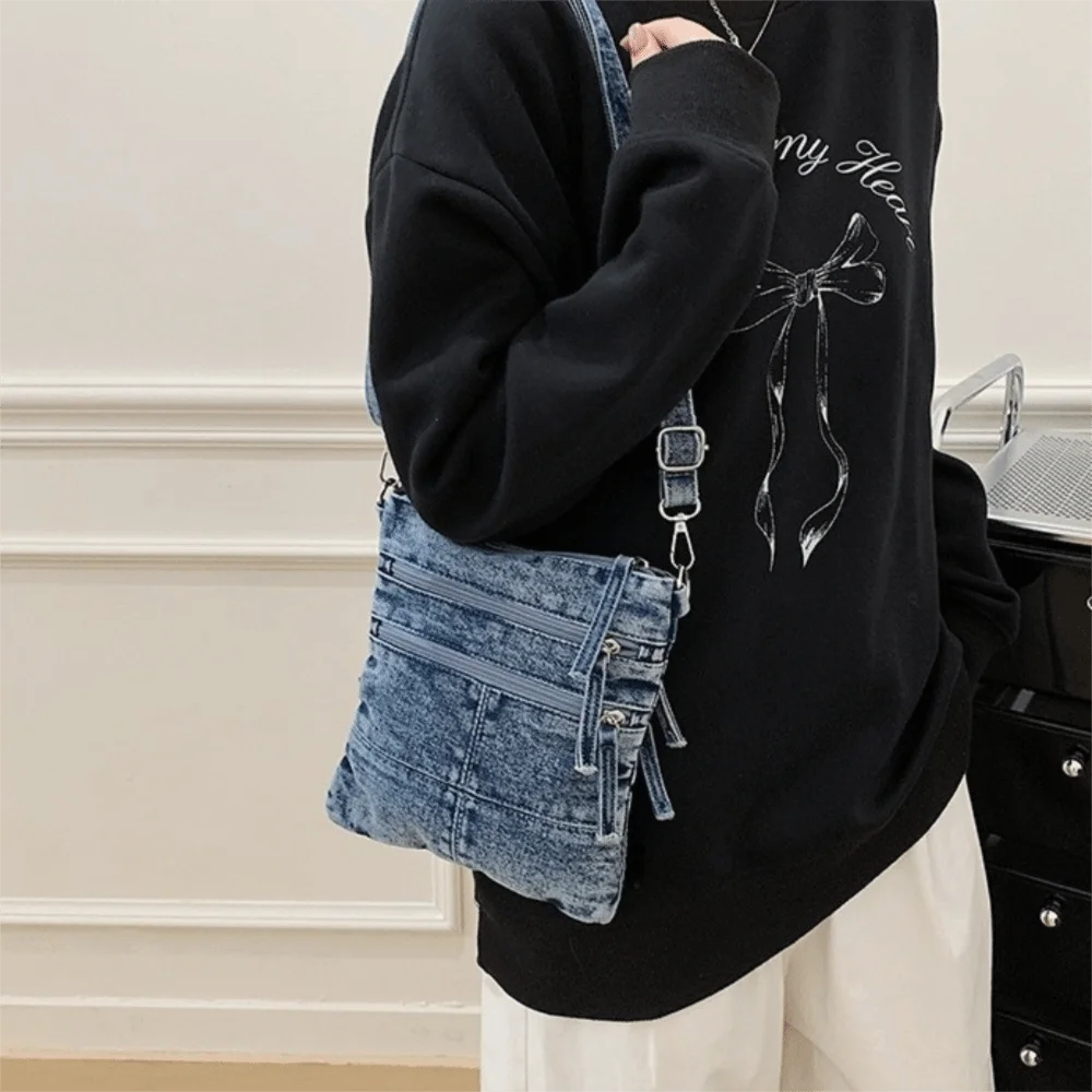 Multi-Pocket Denim Shoulder Bag 3 Layers Two Sided Canvas Crossbody Bag Y2K Style Large Capacity Messenger Bag Everyday Use