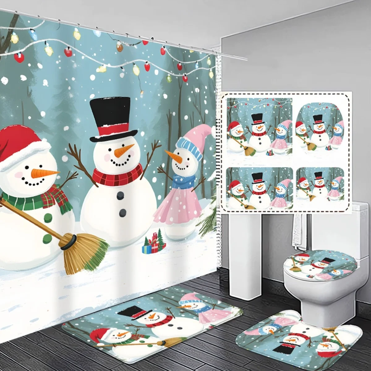 

Рождественский комплект штор для ванной со снеговиком из 4 предметов с нескользящей крышкой и крышкой унитаза, праздничный декор для ванной комнаты на праздник сезона, ткань