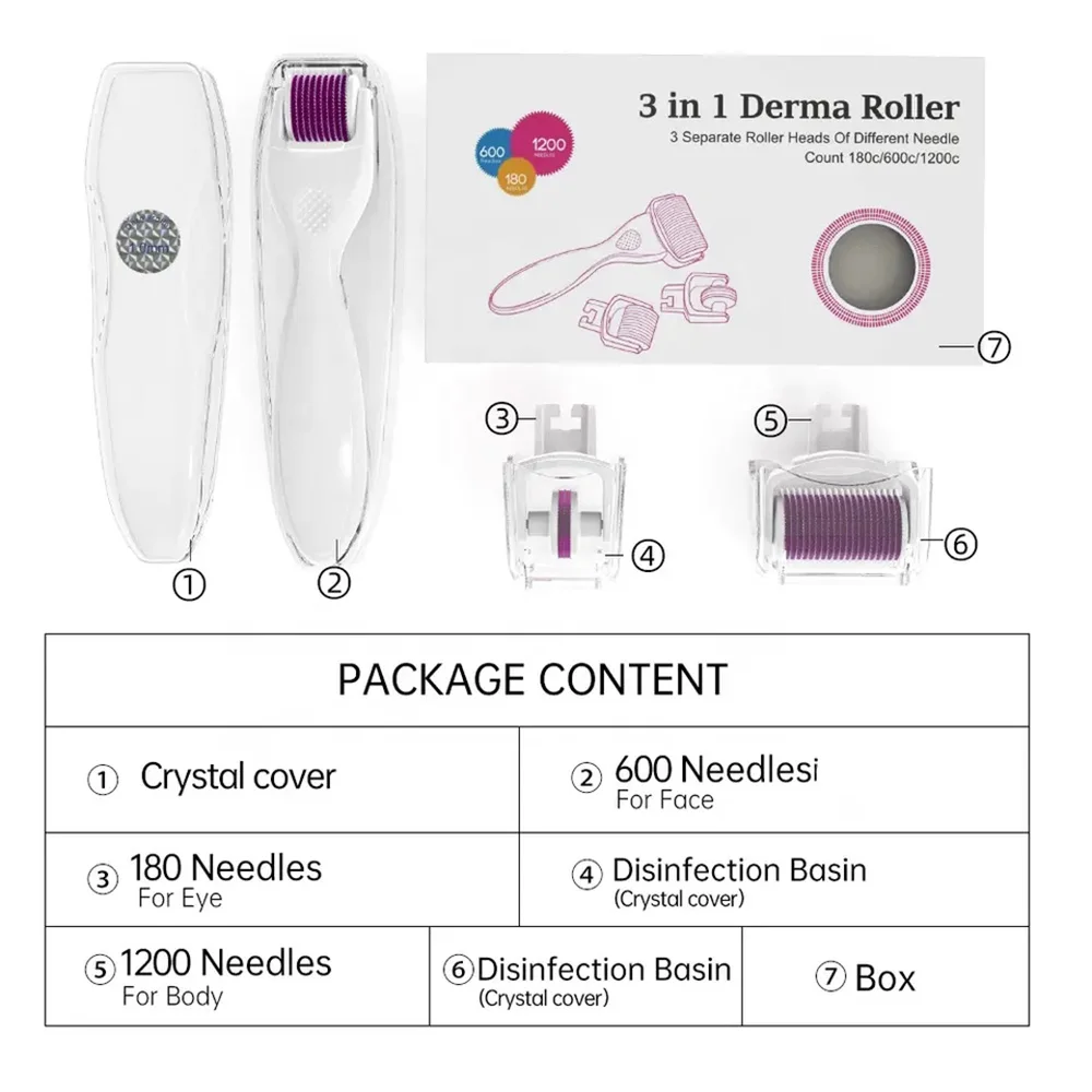 DRS 3 In 1 Microneedling Derma Roller Device Kits 180 / 600 / 1200 Needles Micro Needle Therapy MTS Skin Care Hair Growth