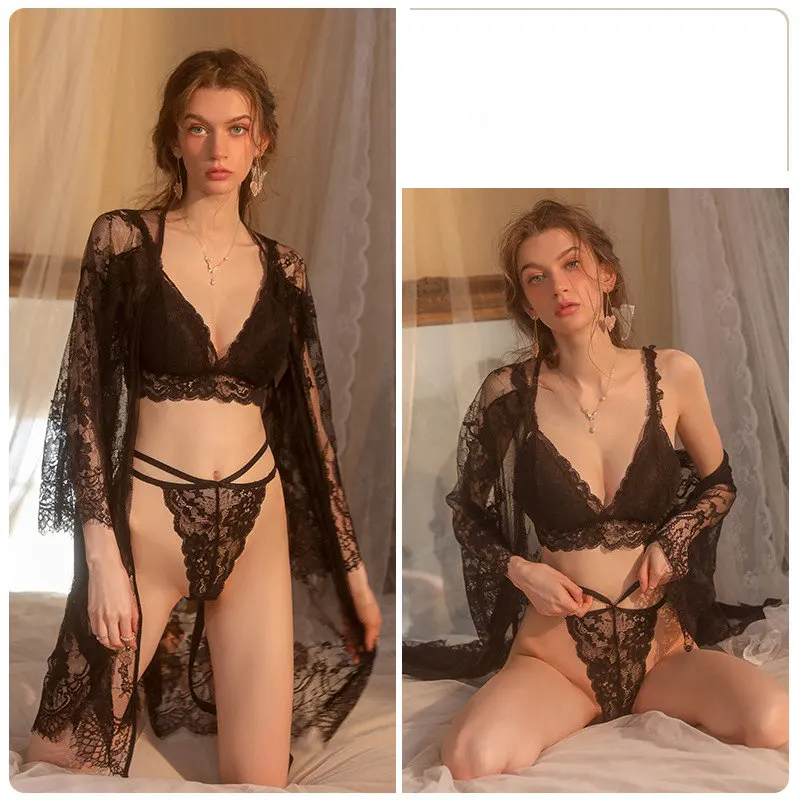 Lencería Sexy de encaje con espalda descubierta para mujer, vestidos exóticos huecos, uniforme de tentación para disfraz de Halloween, Cosplay, 3 unids/set, novedad