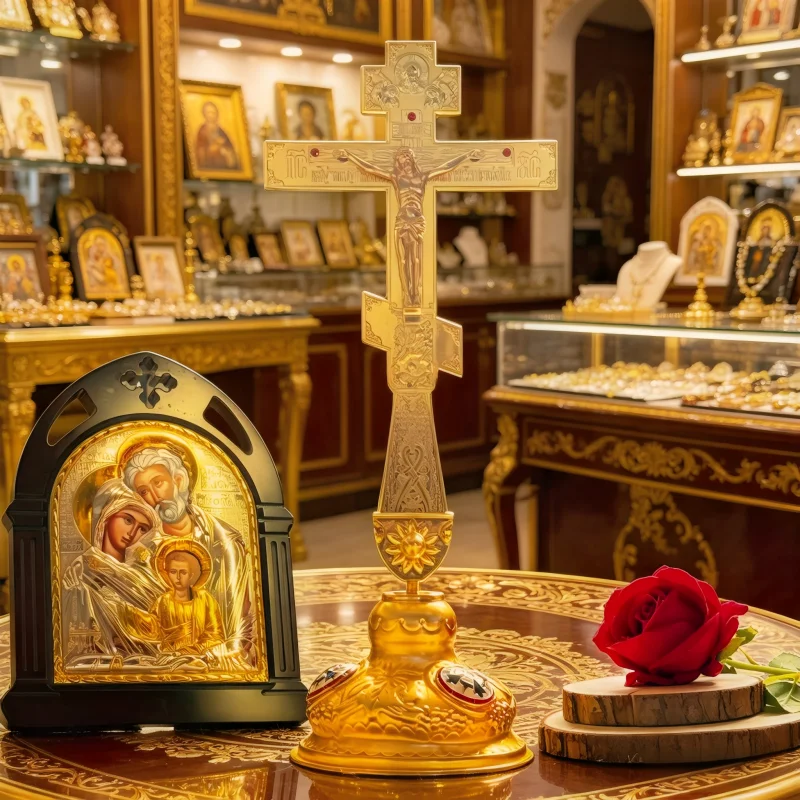 

Vintage Gold Plated Orthodox Standing Cross Crucifix with Enamel Base for Home Altar Prayer Devotion Christian Religious Decor
