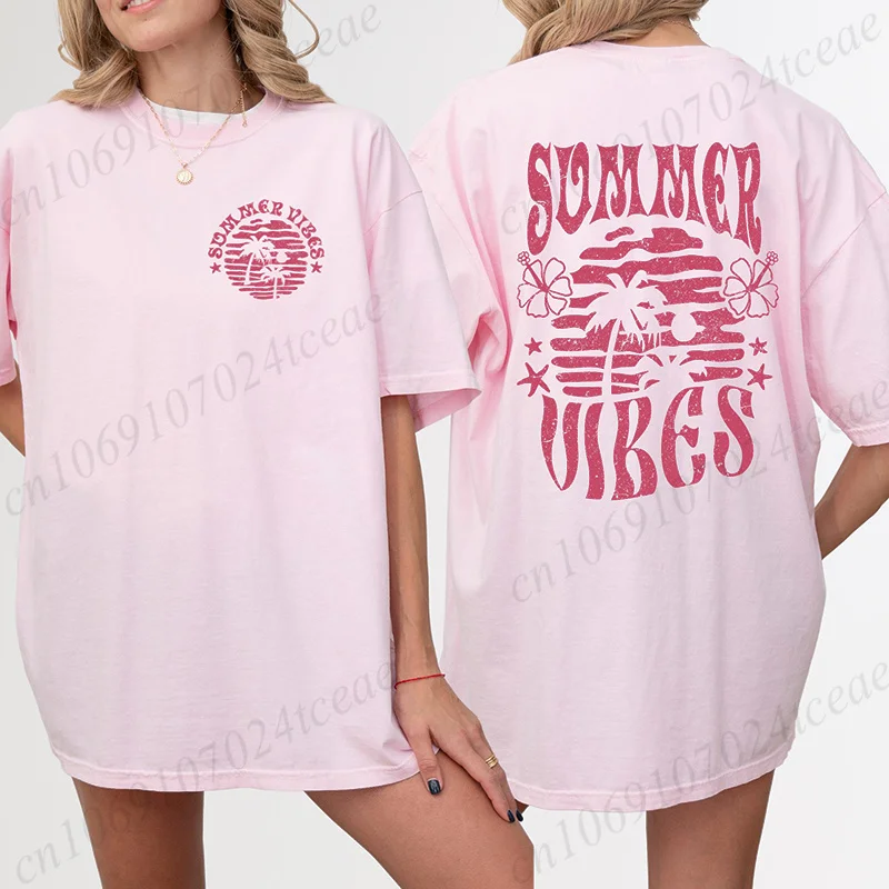 Trendiges Sommer-Vibes-Shirt, Beach-Vibes-T-Shirt, Urlaubs-T-Shirts für Damen, Vintage-T-Shirts, kurzärmliges T-Shirt, lässige Sommer-Tops – Detail 2