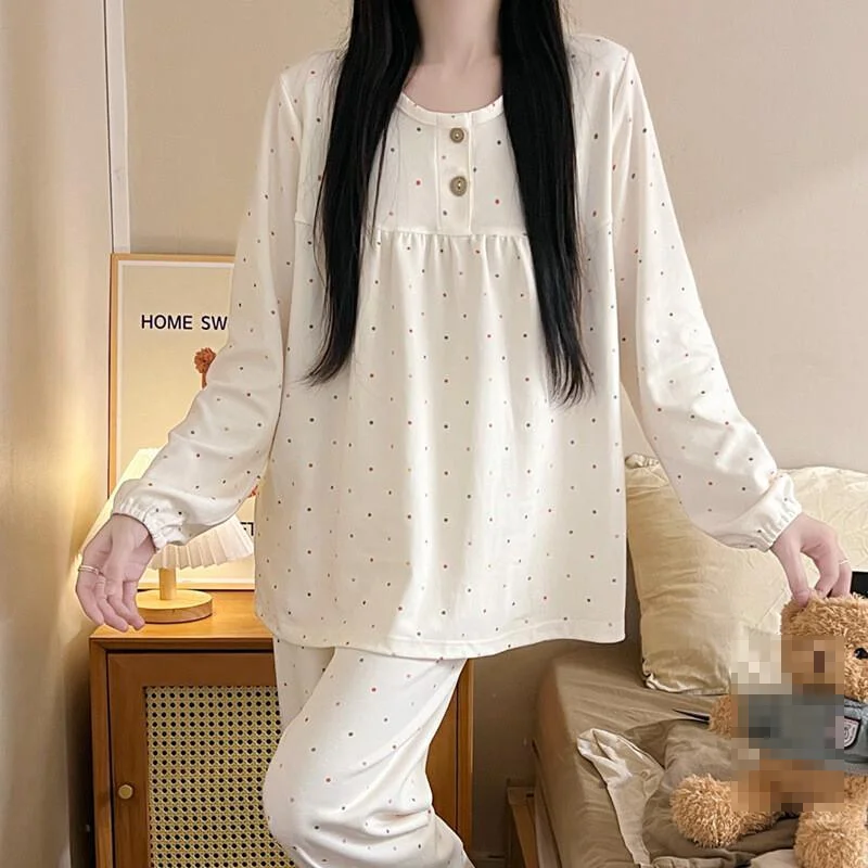 Kawaii anime moda casual sexy conjunto de pijama novo pijamas de manga comprida para mulheres com imitação de algodão em torno do pescoço pulôver solto