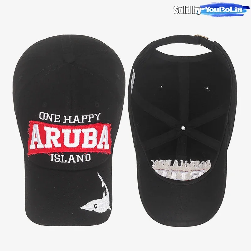 Black Aruba Island Baseball Cap with Shark Embroidery – Casual & Stylish Sun Hat