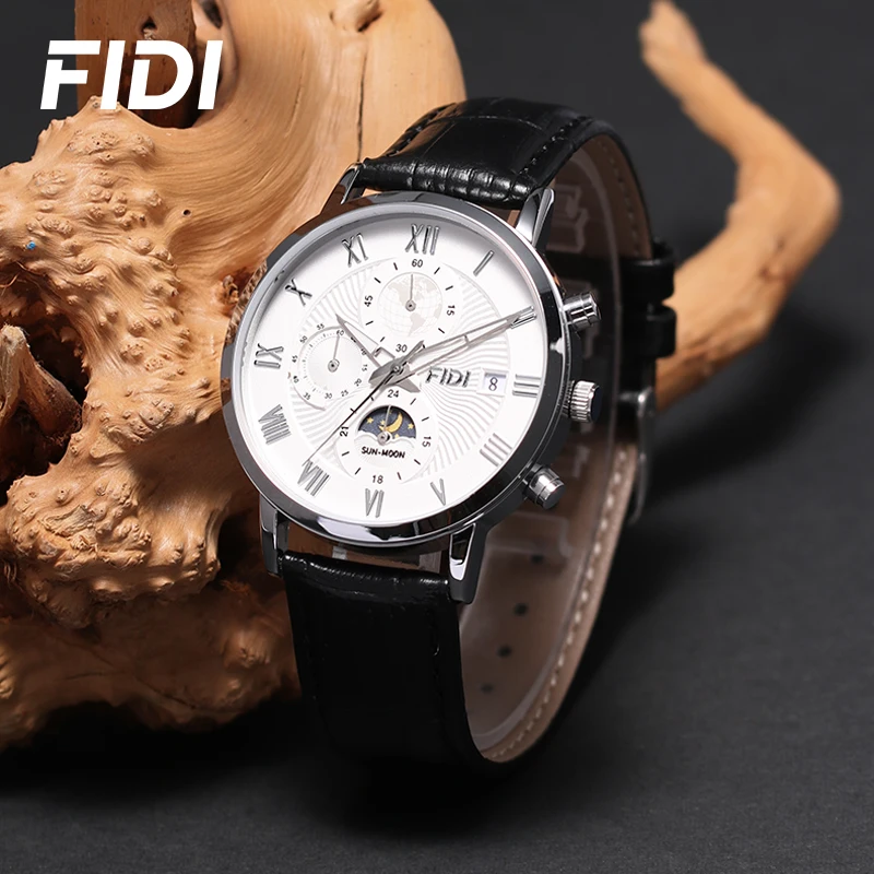 FIDI Men Watch Fashion Top Luxury Sport Men\'s Wristwatch Waterproof Luminous Leather Date Quartz Watches Man Clock FD104