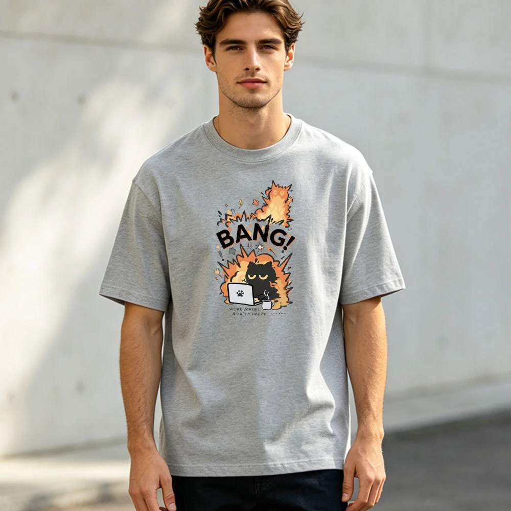 Bang Burning Black Cat Working Laptop Graphic Men Summer Cotton T Shirt Office Burnout Humor Cartoon Casual Short Sleeve Top