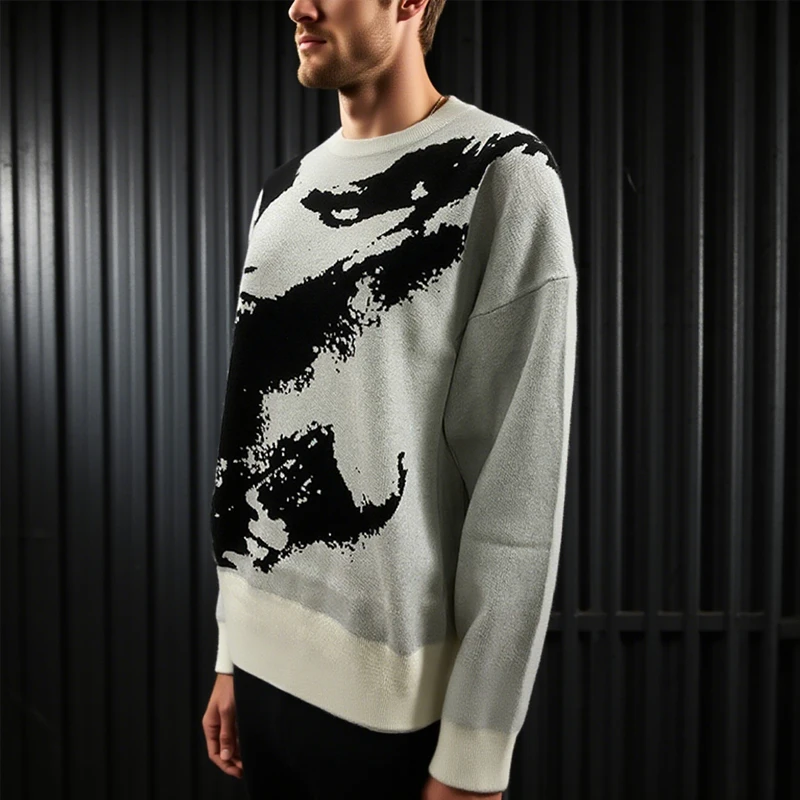 Nieuwe emo unisex Y2K streetwear patroon gebreide trui - retro zwart wit portret herfst en winter warme trui top