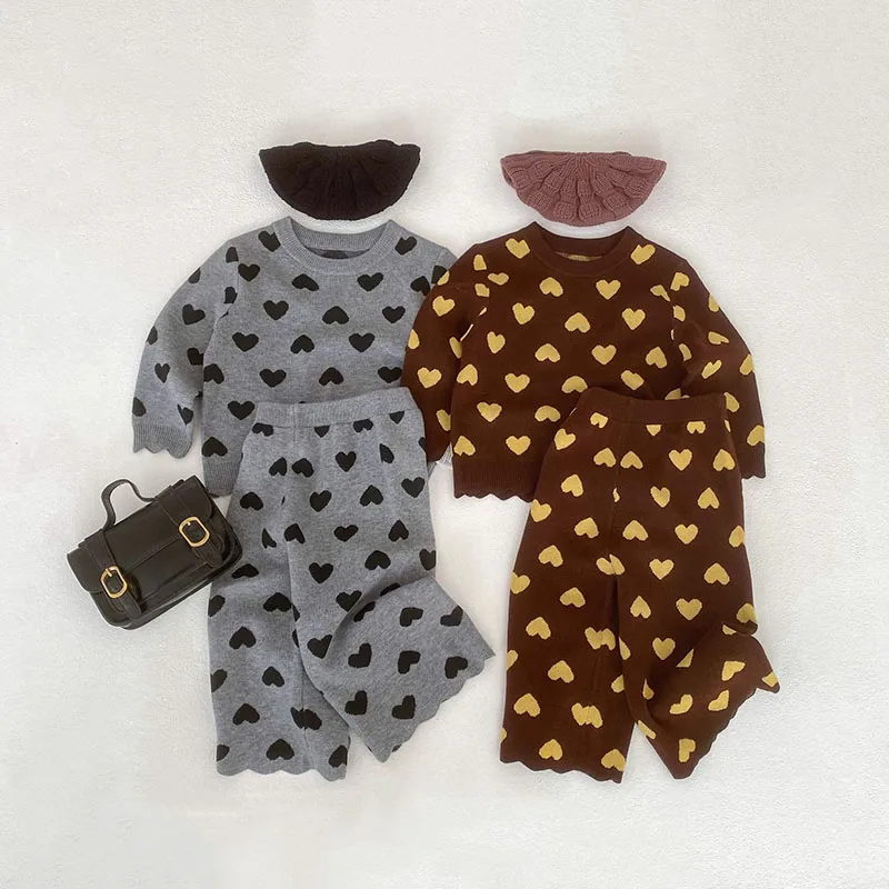 MILANCEL New Spring Children's Knitted Set 9M-6T Cute Love Girls Sweater +Pants Sweet Versatile Kids Clothes Baby Outfit 2PCS