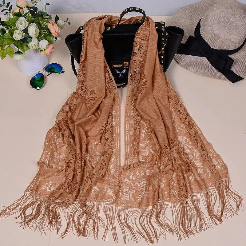 New Design Hot Brand Solid Lace Summer ScarfHollow Embroidered Fringed Mesh Shawl Women Muslim Hijab Shawl Long Soft Wrap