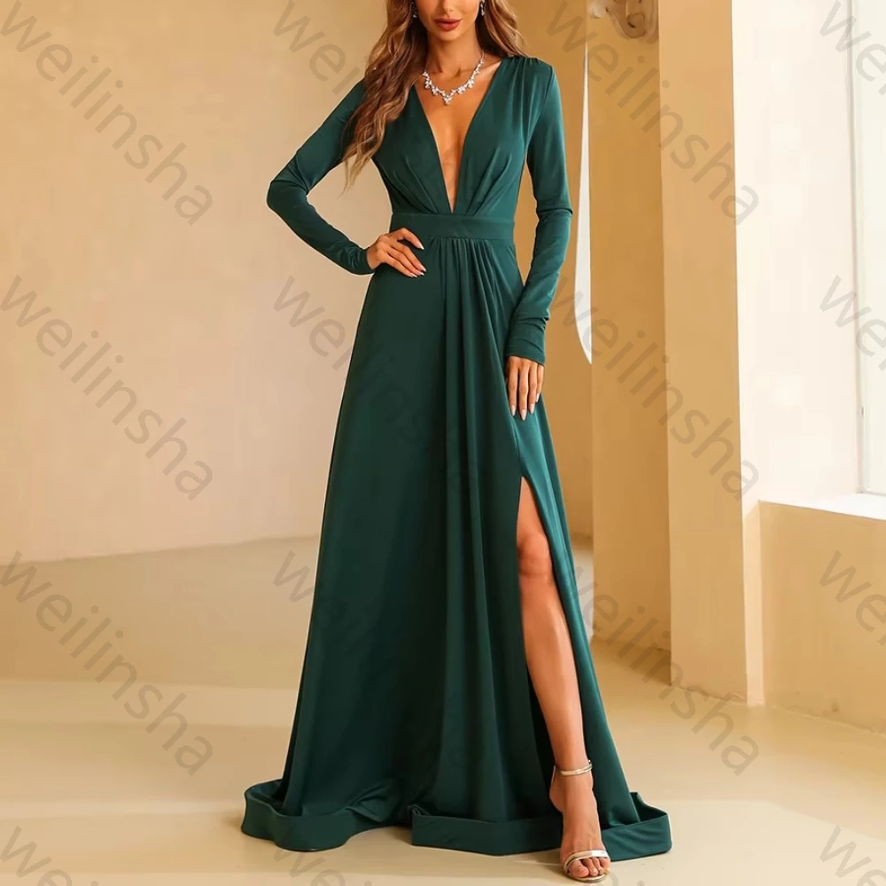 

Изысканное вечернее платье с V-образным вырезом и длинными рукавами, с разрезом по боку, для женщин, высококачественное, для выпускного вечера и торжественных мероприятий