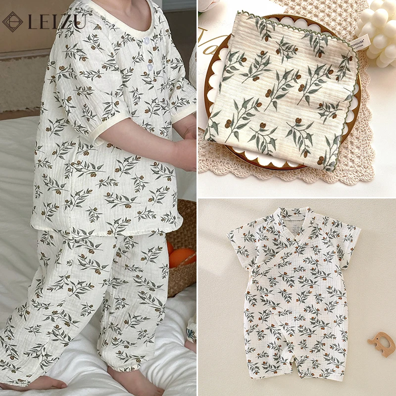 0.5m/1m/2m Retro Leaf Fruit Print Double Layer Crepe Baby Fabric 100% Cotton Soft DIY Baby Pajamas Towel Clothes Sewing Fabric