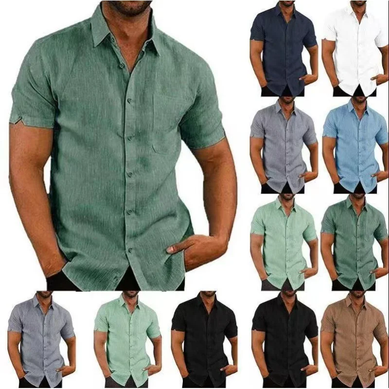 Cigy-Hot Sale Zomer Revers Effen Kleur Korte Mouw Knoop Heren Linnen Shirt Heren Kleding