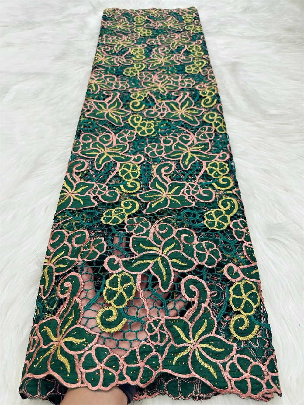 アフリカのギピュールレース,パーティー用のコード刺繍ドレス素材,ドライレース,グリーンオレンジ,高品質,5ヤード