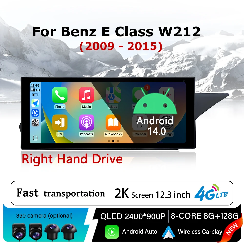 Android 14 Right Hand Drive for Mercedes Benz E Class W212 2009 - 2015 Wireless CarPlay Car Radio Multimedia Display GPS Navi BT