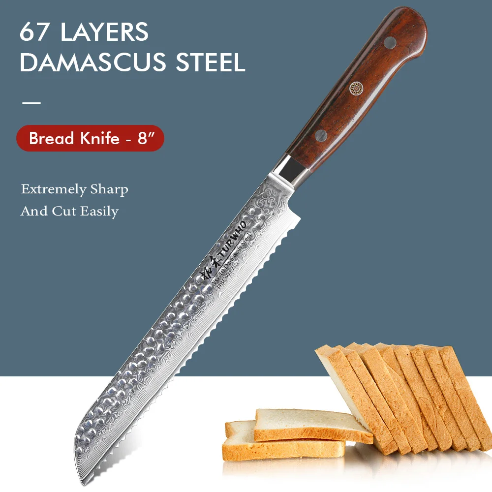 

TURWHO 8 Inch Bread Knives Japanese Professional 67 Layer High Carbon Damascus Steel Chef Knife Cheese Cake Kitchen Knife