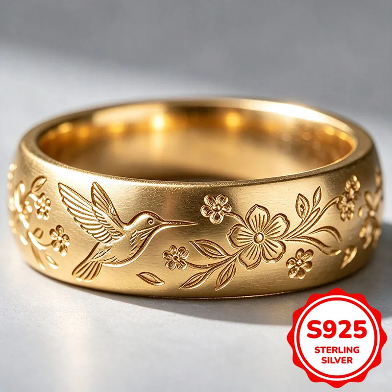 NEW 14K Gold Genuine S925 Sterling Silver Ring Women Men Hand Engraved Hummingbird Floral Wide Floral Bird Wedding Jewelry Gift